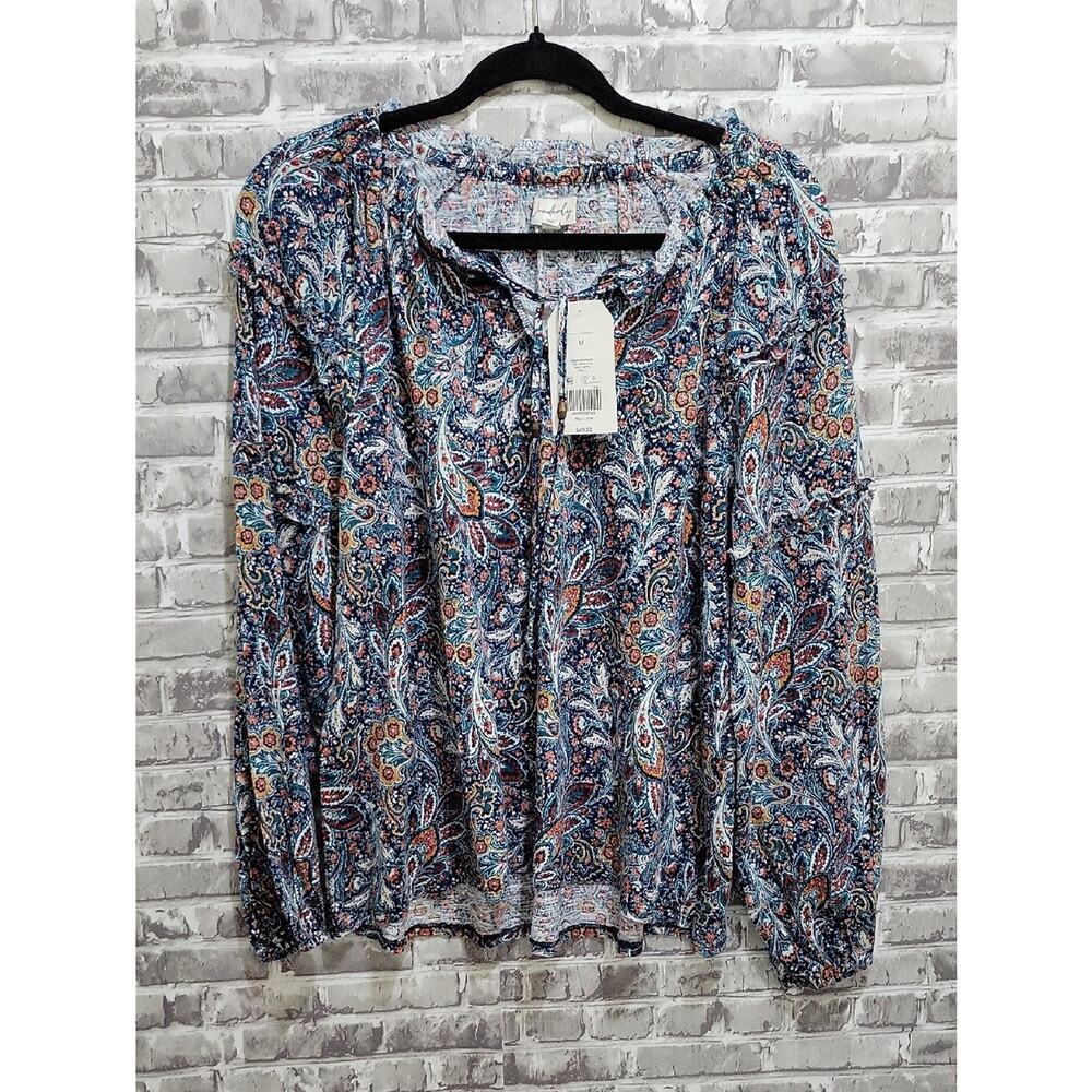 NWT Wonderly Paisley Floral Peasant Top, Womens M, Blue, Rust & Cream Accents